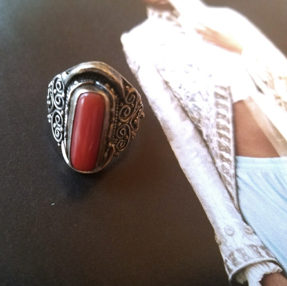 Sterling Coral Boho Ring